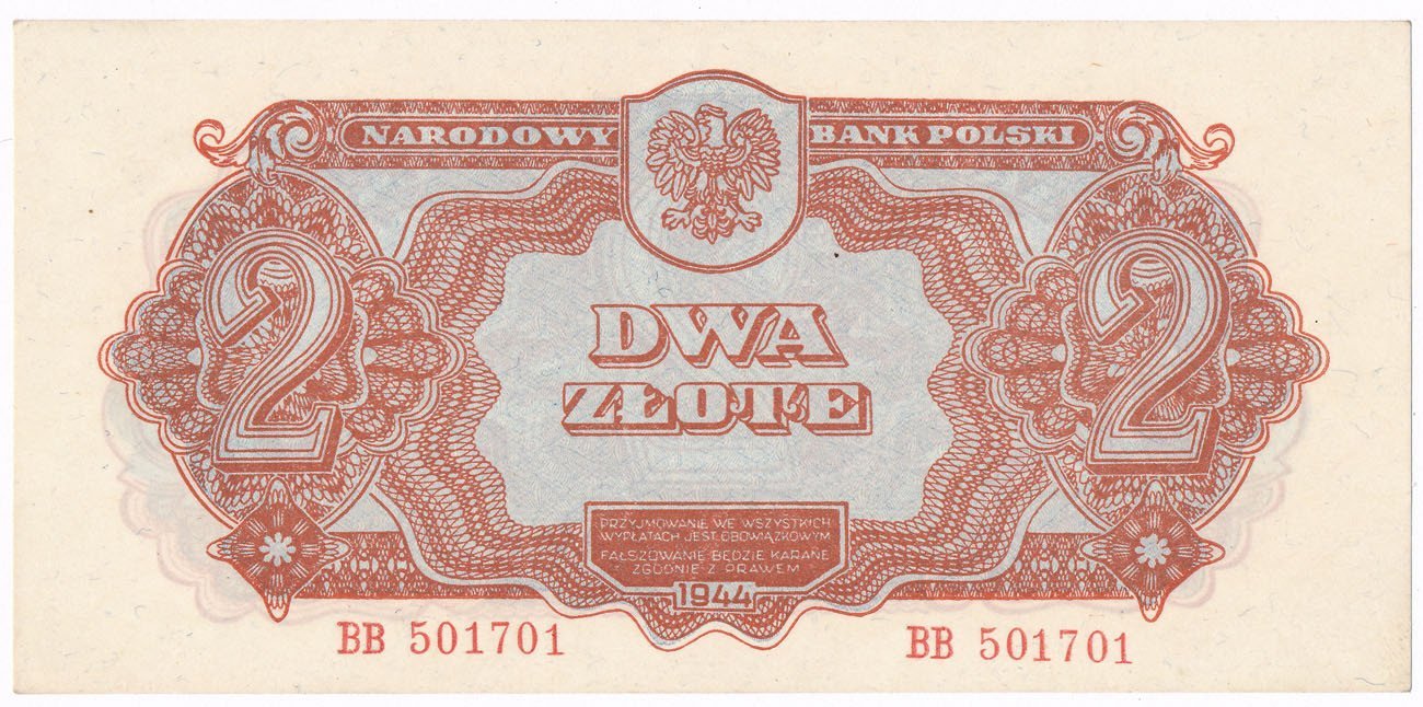 Banknot. 2 złote 1944 seria BB